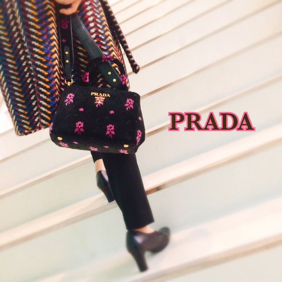 Prada Canapa Green and Fuschia Flowers Velvet Bag - Luxury Next Season 