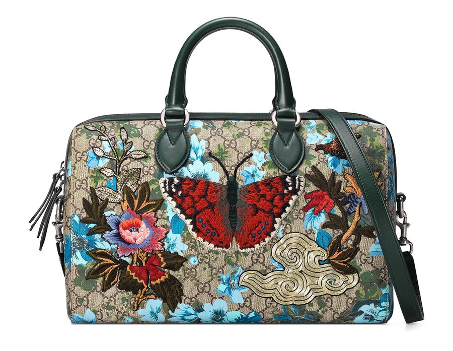 Gucci Leather Blooms Hand Painted Shoulder Bag Blue