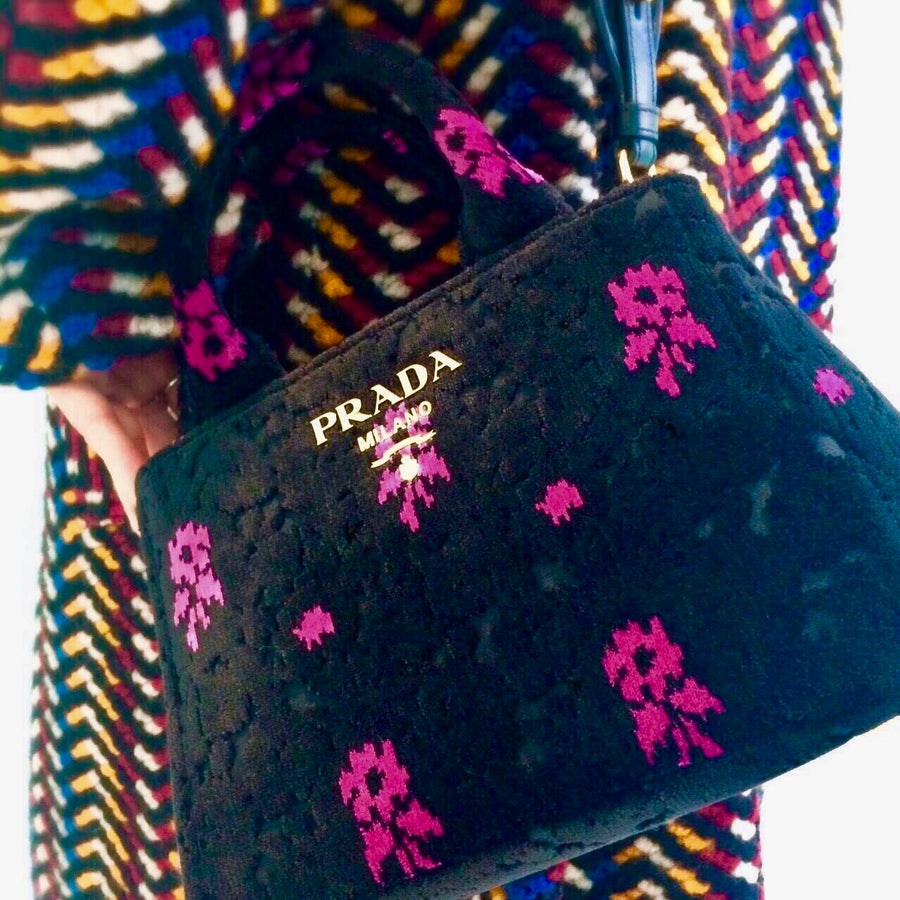 Prada Canapa Green and Fuschia Flowers Velvet Bag - Luxury Next Season 